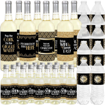 Roaring 20's - Mini Wine Bottle Labels, Wine Bottle Labels and Water Bottle Labels - 1920s Art Deco Jazz Party Decorations - Beverage Bar Kit - 34 Pieces