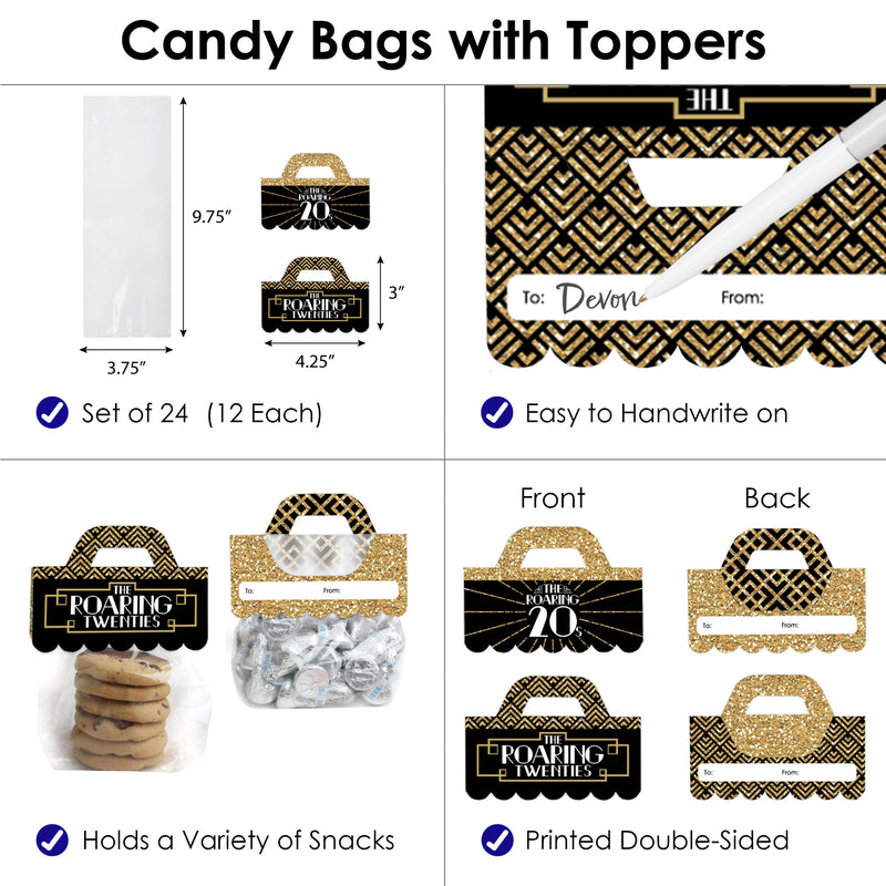 Roaring 20’s - DIY 1920s Art Deco Jazz Party Clear Goodie Favor Bag Labels - Candy Bags with Toppers - Set of 24