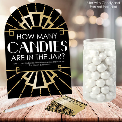 Roaring 20's - How Many Candies 1920s Art Deco Jazz Party Game - 1 Stand and 40 Cards - Candy Guessing Game