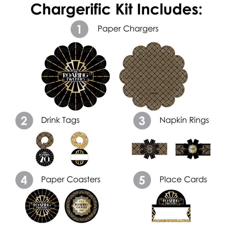 Roaring 20’s - 1920s Art Deco Jazz Party Paper Charger and Table Decorations - Chargerific Kit - Place Setting for 8
