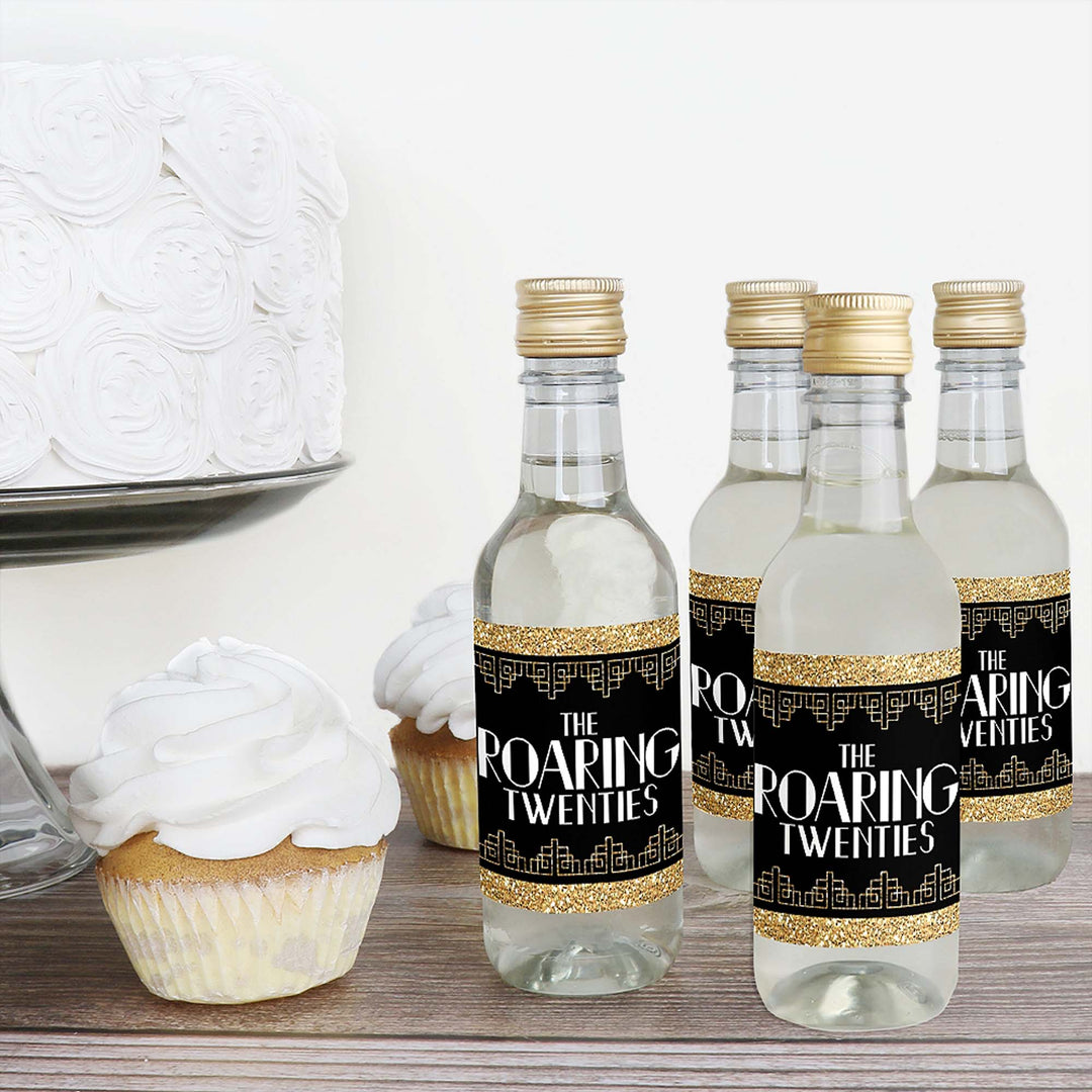 Roaring 20's - Mini Wine and Champagne Bottle Label Stickers - 1920s Art Deco Jazz Party Favor Gift for Women and Men - Set of 16