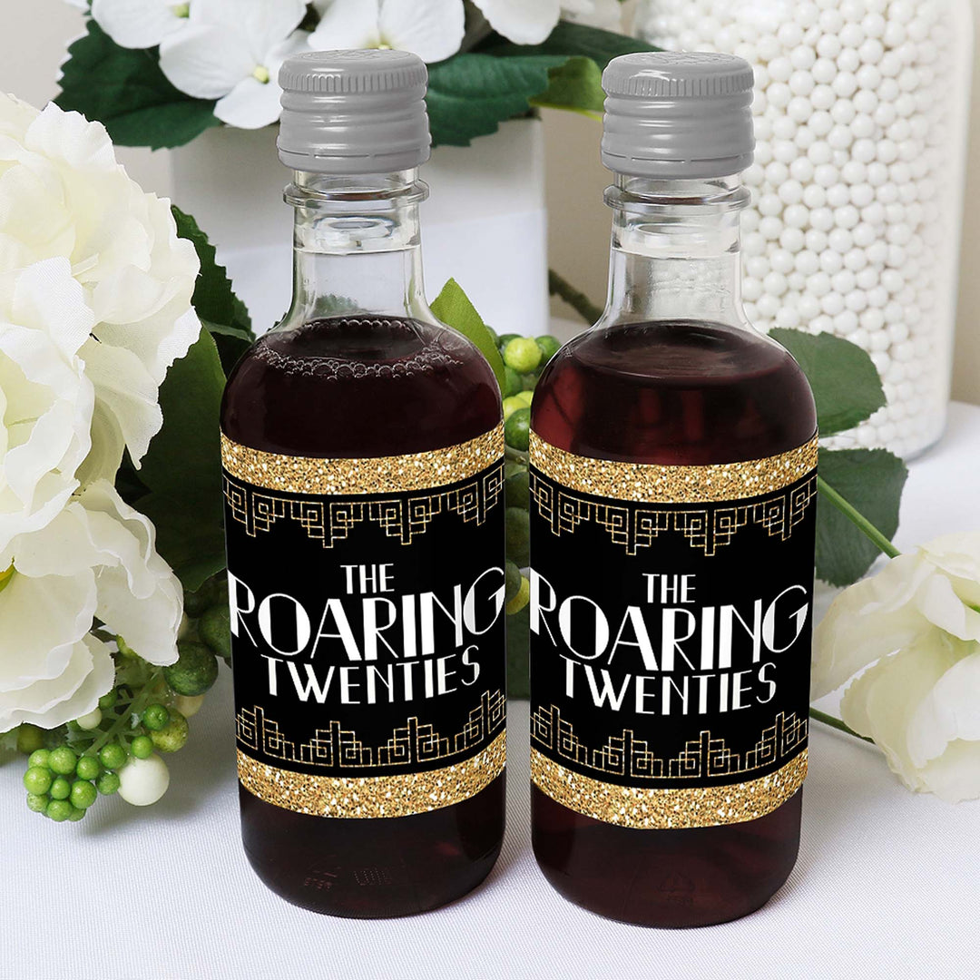 Roaring 20's - Mini Wine and Champagne Bottle Label Stickers - 1920s Art Deco Jazz Party Favor Gift for Women and Men - Set of 16