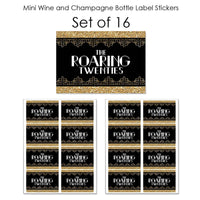 Roaring 20's - Mini Wine and Champagne Bottle Label Stickers - 1920s Art Deco Jazz Party Favor Gift for Women and Men - Set of 16