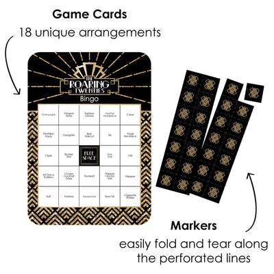 Roaring 20's - Bar Bingo Cards and Markers - 1920s Art Deco Jazz Party Bingo Game - Set of 18