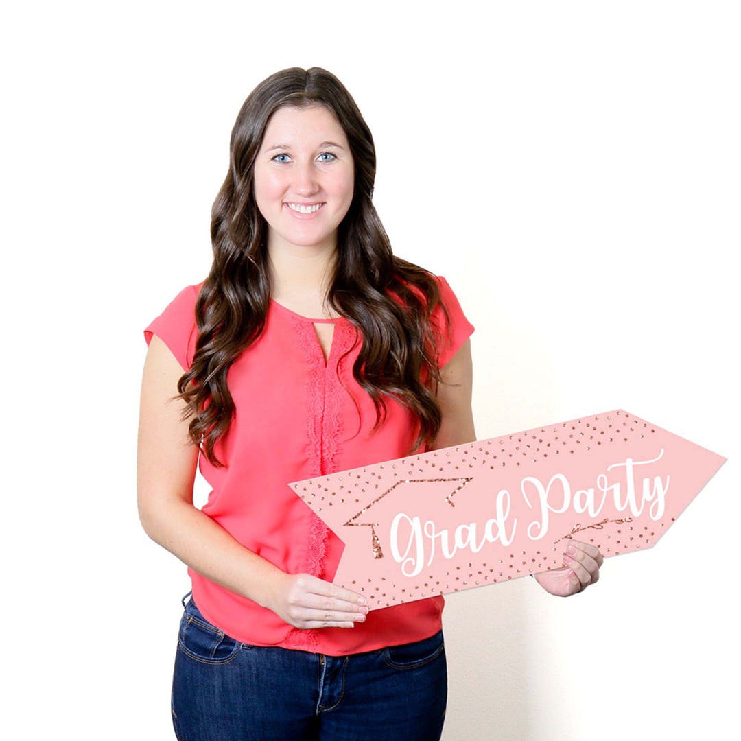 Rose Gold Grad - Graduation Party Sign Arrow - Double Sided Directional Yard Signs - Set of 2