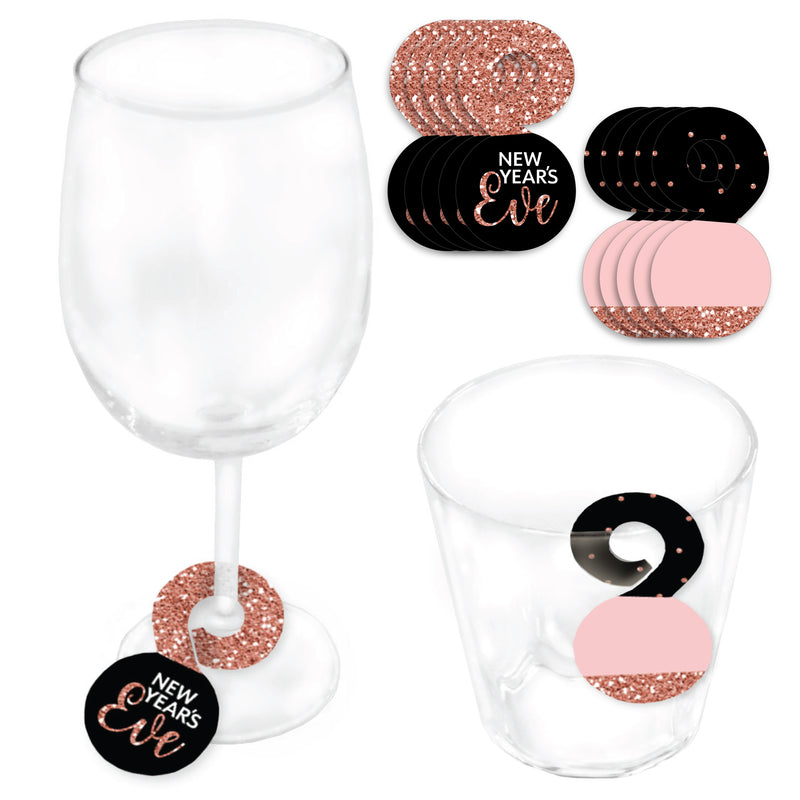 Rose Gold Happy New Year -New Years Eve Party Paper Beverage Markers for Glasses - Drink Tags - Set of 24