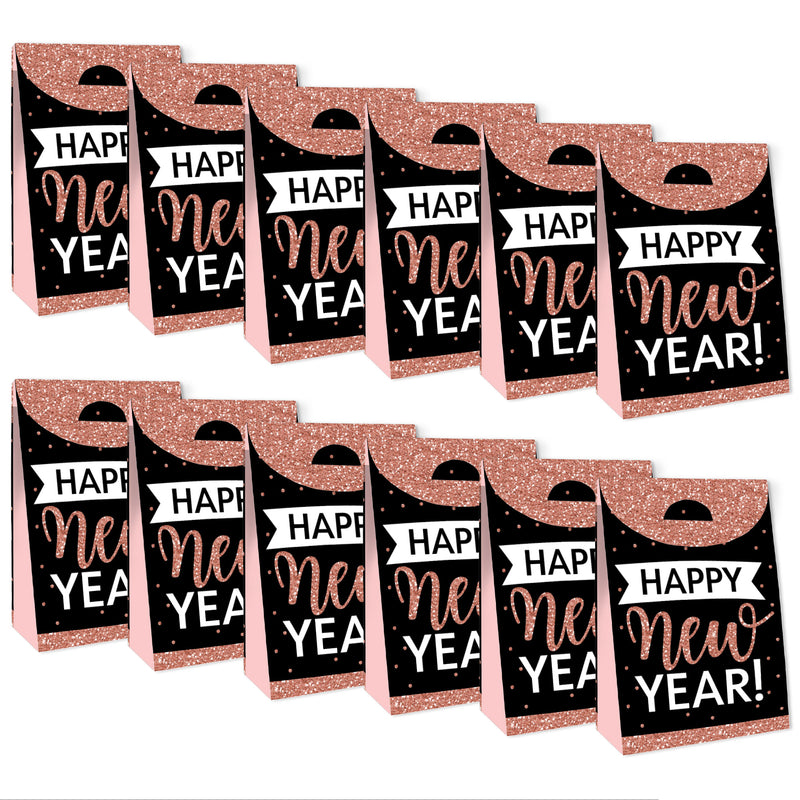 Rose Gold Happy New Year - New Years Eve Gift Favor Bags - Party Goodie Boxes - Set of 12