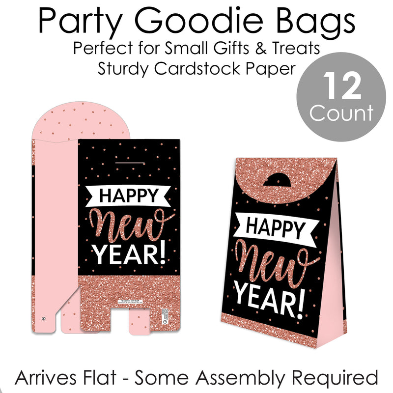 Rose Gold Happy New Year - New Years Eve Gift Favor Bags - Party Goodie Boxes - Set of 12