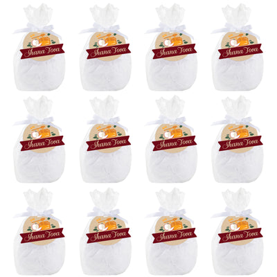 Rosh Hashanah - Jewish New Year Party Clear Goodie Favor Bags - Treat Bags With Tags - Set of 12
