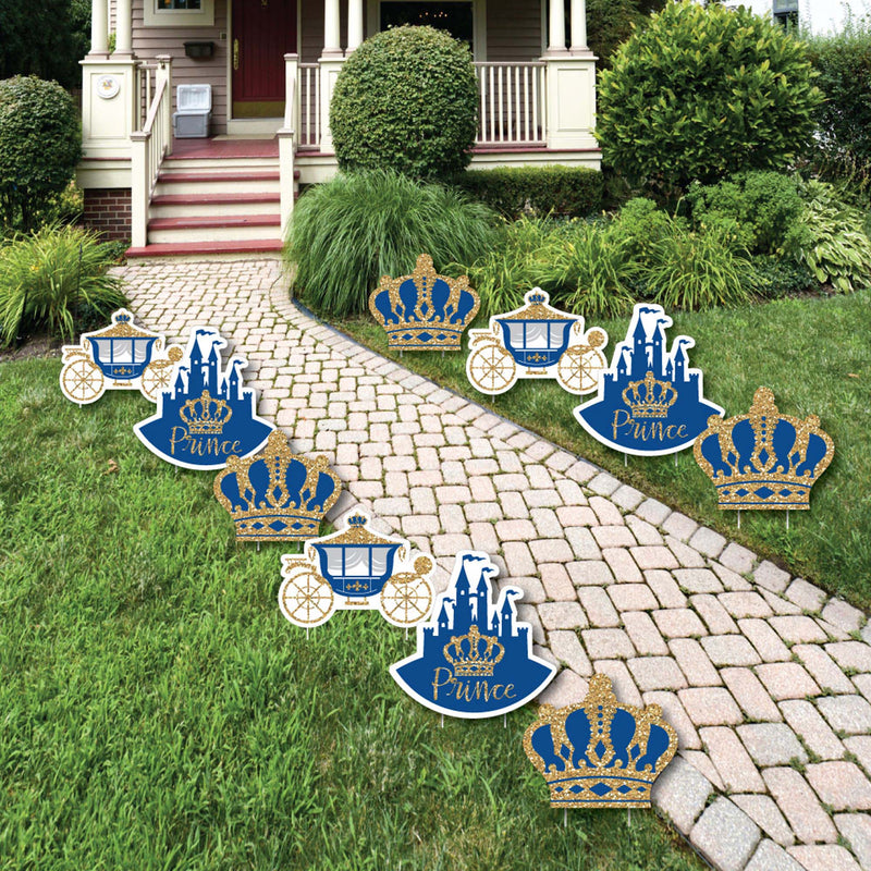Royal Prince Charming - Crown, Castle & Carriage Lawn Decorations - Outdoor Prince Baby Shower or Birthday Party Yard Decorations - 10 Piece