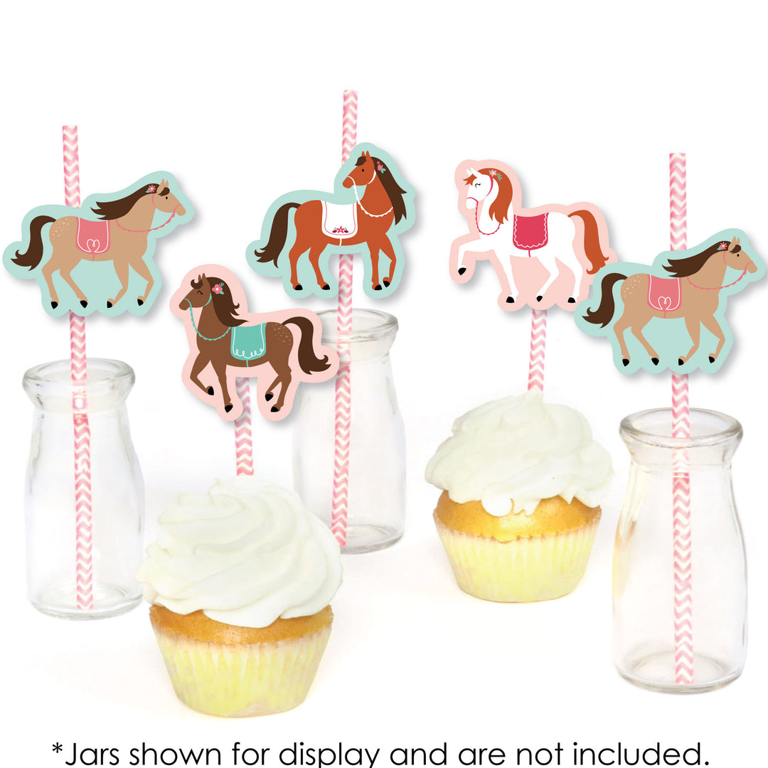 Run Wild Horses - Paper Straw Decor - Pony Birthday Party Striped Decorative Straws - Set of 24