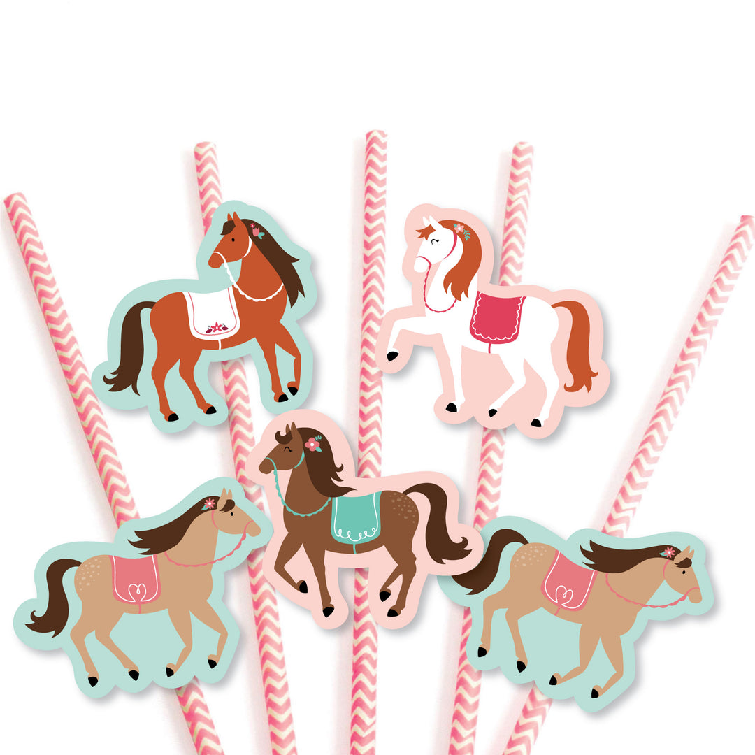 Run Wild Horses - Paper Straw Decor - Pony Birthday Party Striped Decorative Straws - Set of 24