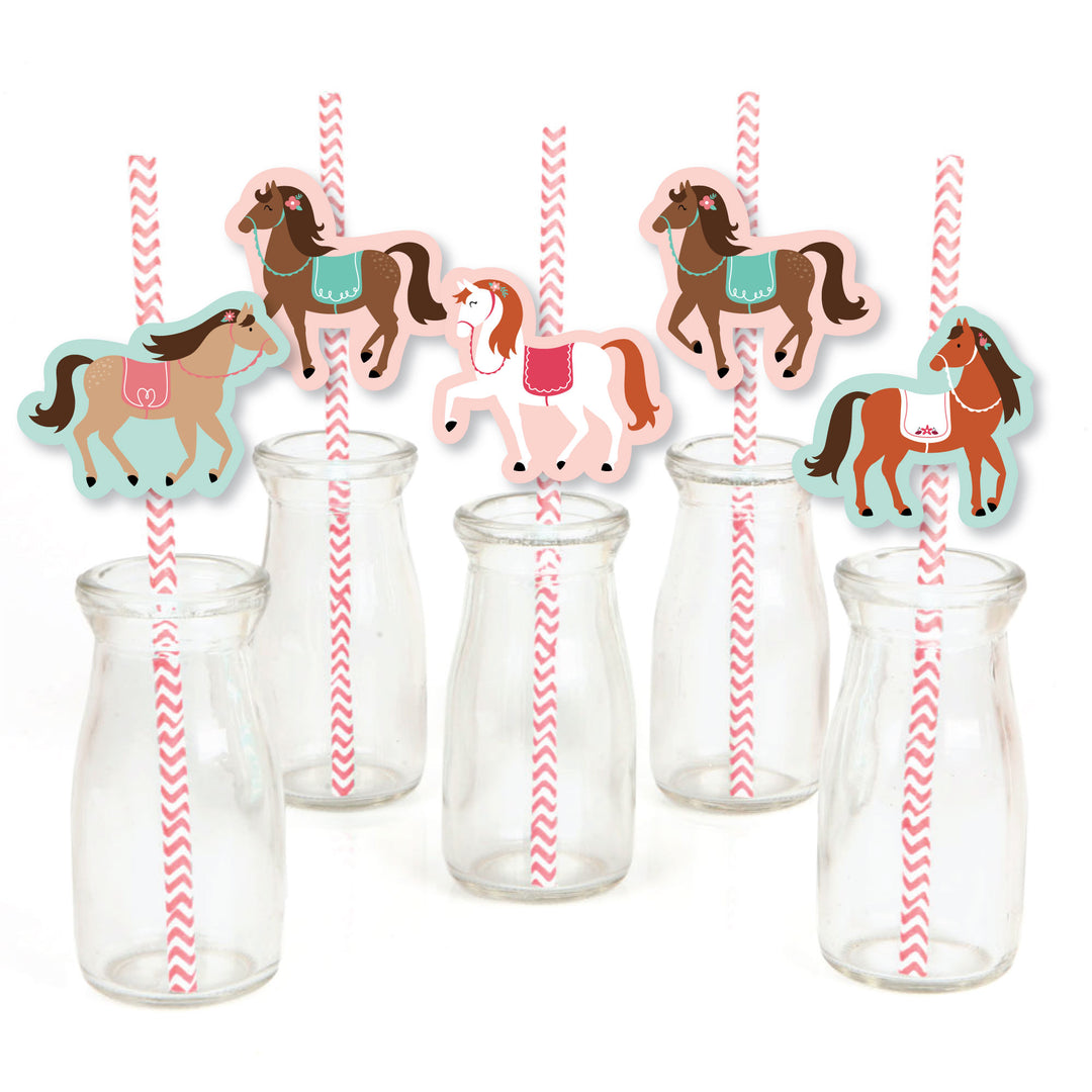 Run Wild Horses - Paper Straw Decor - Pony Birthday Party Striped Decorative Straws - Set of 24