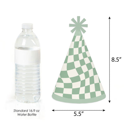 Sage Green Checkered Party - Cone Happy Birthday Party Hats for Kids and Adults - Set of 8 (Standard Size)