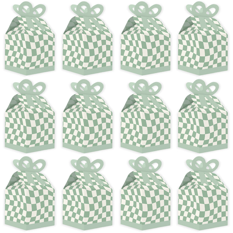 Sage Green Checkered Party - Square Favor Gift Boxes - Bow Boxes - Set of 12