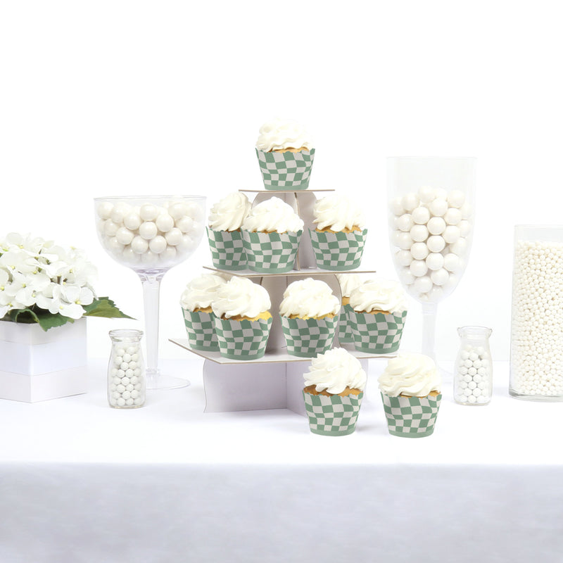 Sage Green Checkered Party - Decorations - Party Cupcake Wrappers - Set of 12