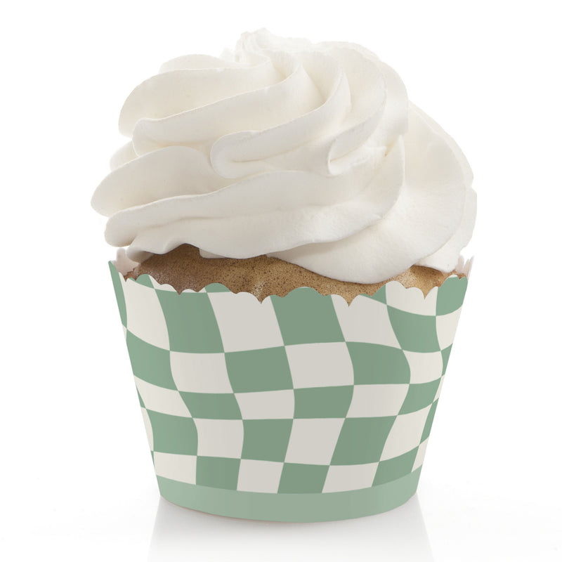 Sage Green Checkered Party - Decorations - Party Cupcake Wrappers - Set of 12