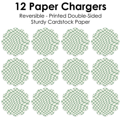 Sage Green Checkered Party - Round Table Decorations - Paper Chargers - Place Setting For 12