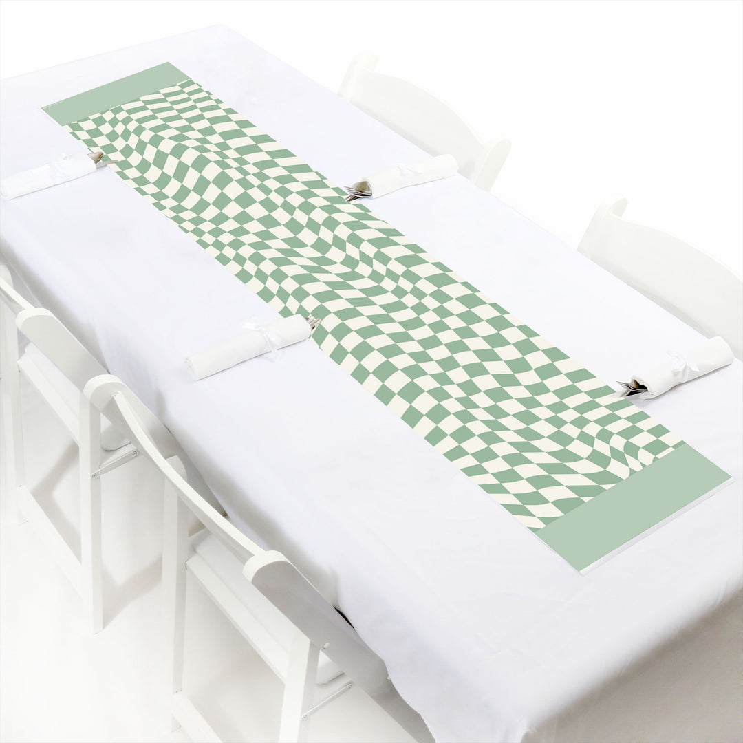 Sage Green Checkered Party - Petite Paper Table Runner - 12 x 60 inches