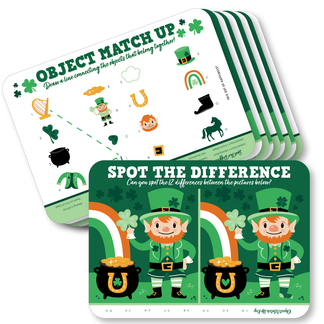 A set of 20 green Shamrock St. Patrick's Day themed activity cards with two games per card, including 'Object Match Up' and 'Spot the Difference'.