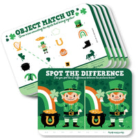 A set of 20 green Shamrock St. Patrick's Day themed activity cards with two games per card, including 'Object Match Up' and 'Spot the Difference'.