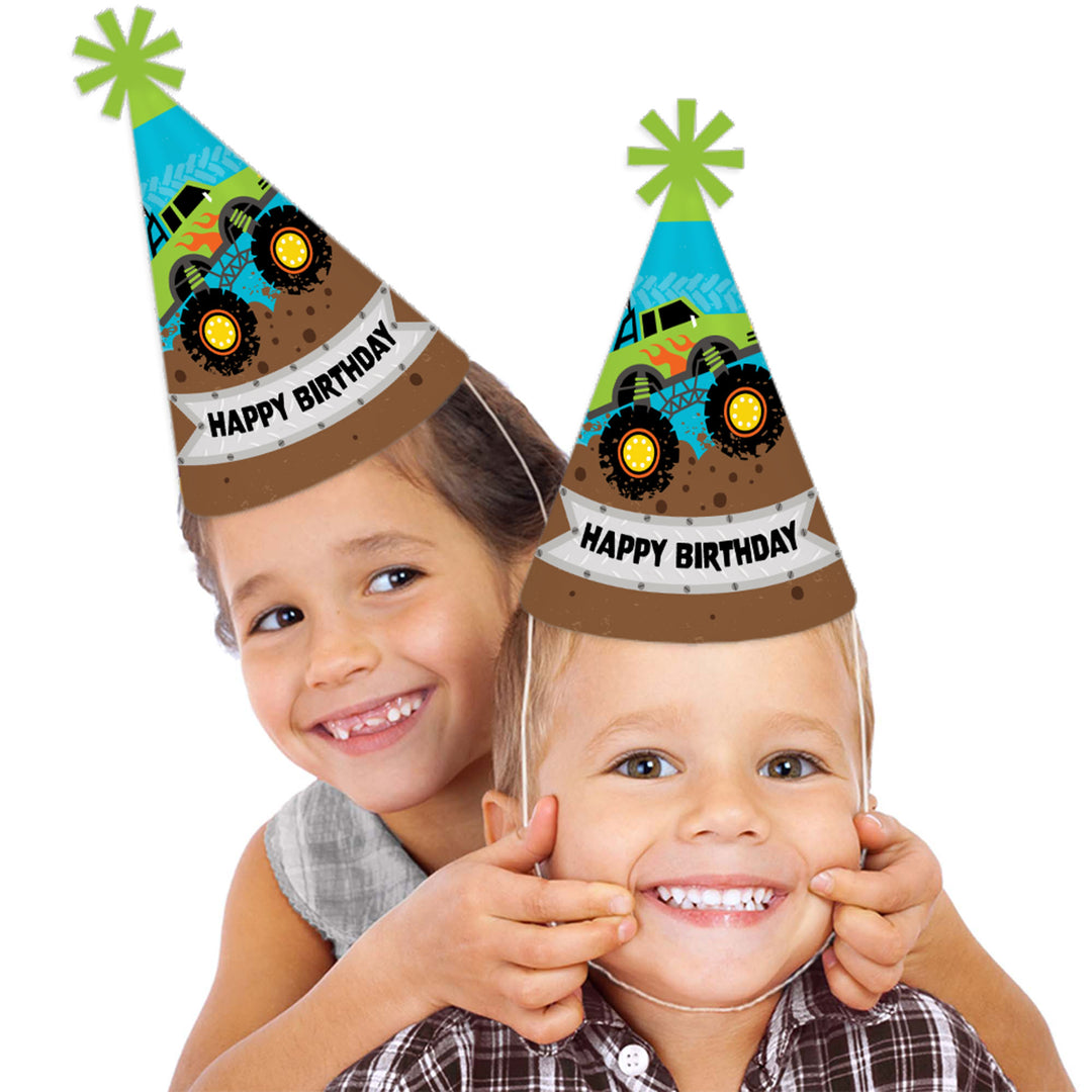 Smash and Crash - Monster Truck - Cone Happy Birthday Party Hats for Kids and Adults - Set of 8 (Standard Size)