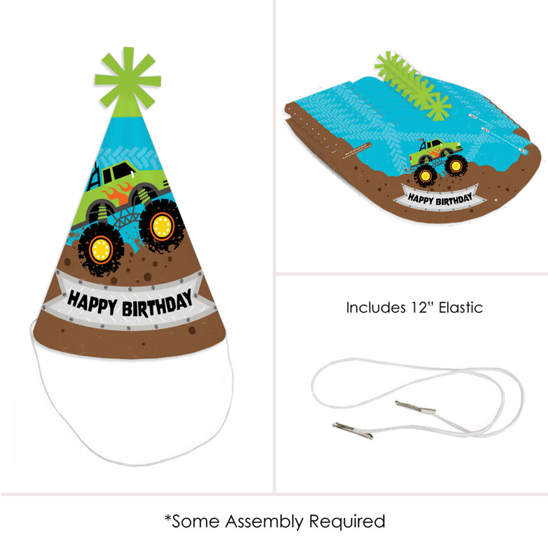 Smash and Crash - Monster Truck - Cone Happy Birthday Party Hats for Kids and Adults - Set of 8 (Standard Size)