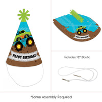 Smash and Crash - Monster Truck - Cone Happy Birthday Party Hats for Kids and Adults - Set of 8 (Standard Size)