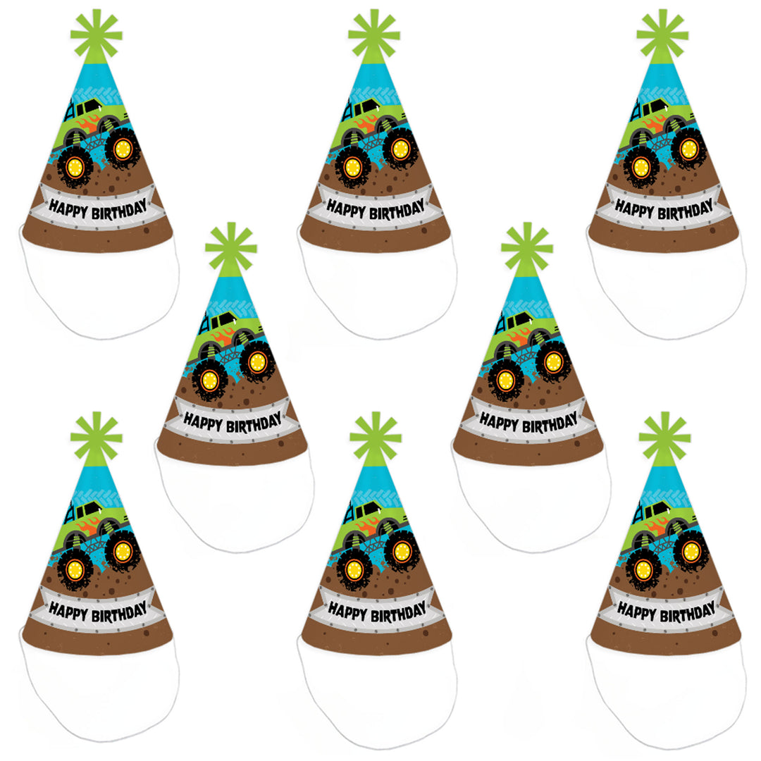 Smash and Crash - Monster Truck - Cone Happy Birthday Party Hats for Kids and Adults - Set of 8 (Standard Size)