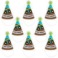 Smash and Crash - Monster Truck - Cone Happy Birthday Party Hats for Kids and Adults - Set of 8 (Standard Size)