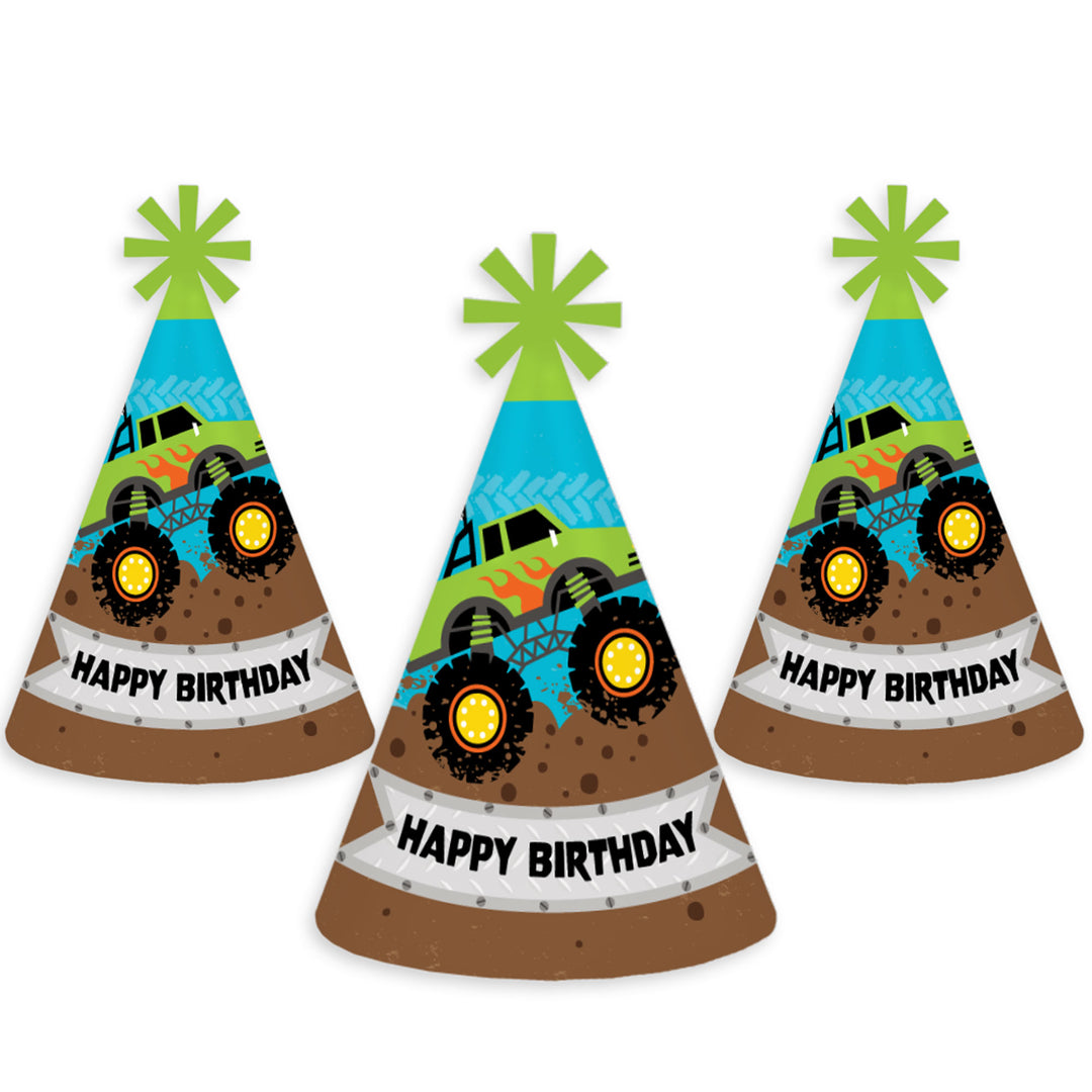 Smash and Crash - Monster Truck - Cone Happy Birthday Party Hats for Kids and Adults - Set of 8 (Standard Size)