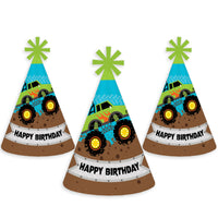 Smash and Crash - Monster Truck - Cone Happy Birthday Party Hats for Kids and Adults - Set of 8 (Standard Size)