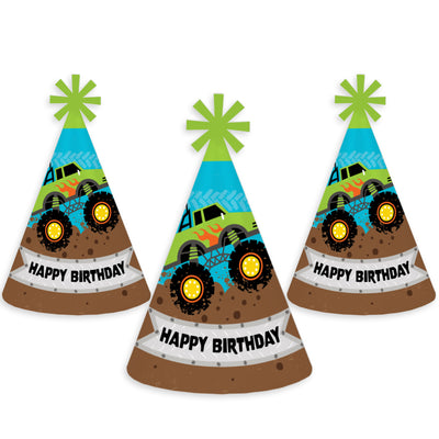Smash and Crash - Monster Truck - Cone Happy Birthday Party Hats for Kids and Adults - Set of 8 (Standard Size)