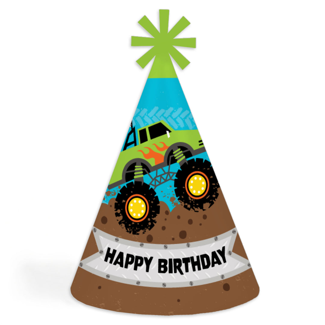 Smash and Crash - Monster Truck - Cone Happy Birthday Party Hats for Kids and Adults - Set of 8 (Standard Size)