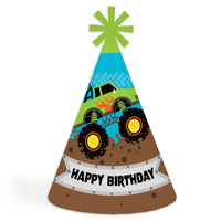 Smash and Crash - Monster Truck - Cone Happy Birthday Party Hats for Kids and Adults - Set of 8 (Standard Size)