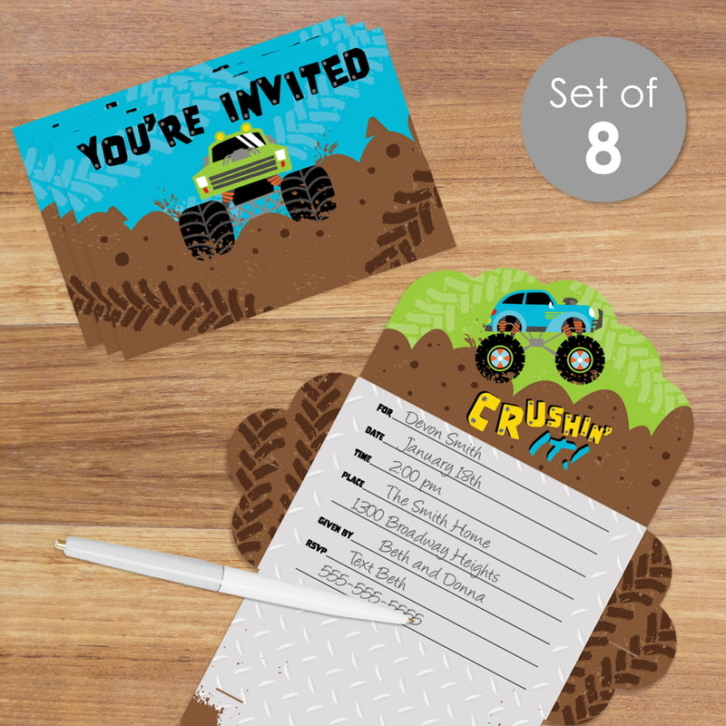 Smash and Crash - Monster Truck - Fill-In Cards - Boy Birthday Party Fold and Send Invitations - Set of 8
