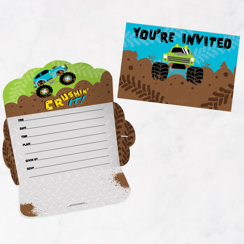 Smash and Crash - Monster Truck - Fill-In Cards - Boy Birthday Party Fold and Send Invitations - Set of 8