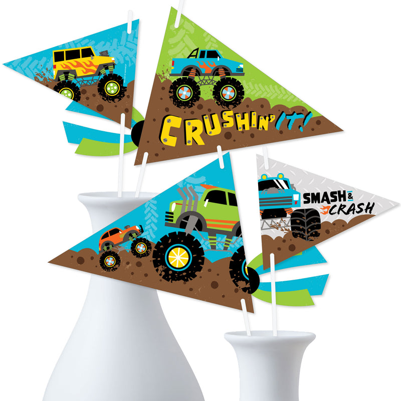 Smash and Crash - Monster Truck - Triangle Boy Birthday Party Photo Props - Pennant Flag Centerpieces - Set of 20