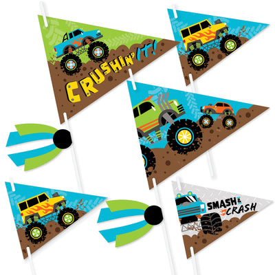 Smash and Crash - Monster Truck - Triangle Boy Birthday Party Photo Props - Pennant Flag Centerpieces - Set of 20