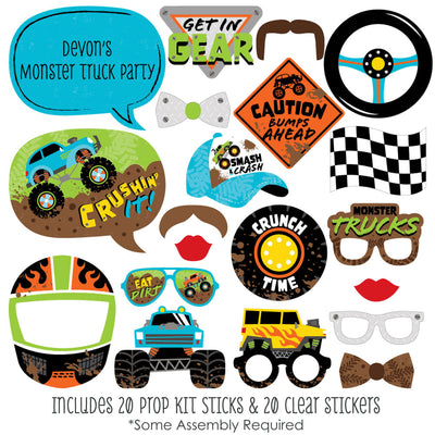 Smash and Crash - Monster Truck - Boy Birthday Party Photo Booth Props Kit - 20 Count