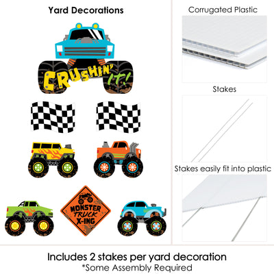 Smash and Crash - Monster Truck - Yard Sign and Outdoor Lawn Decorations - Boy Birthday Party Yard Signs - Set of 8