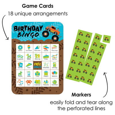 Smash and Crash - Monster Truck - Picture Bingo Cards and Markers - Boy Birthday Party Bingo Game - Set of 18