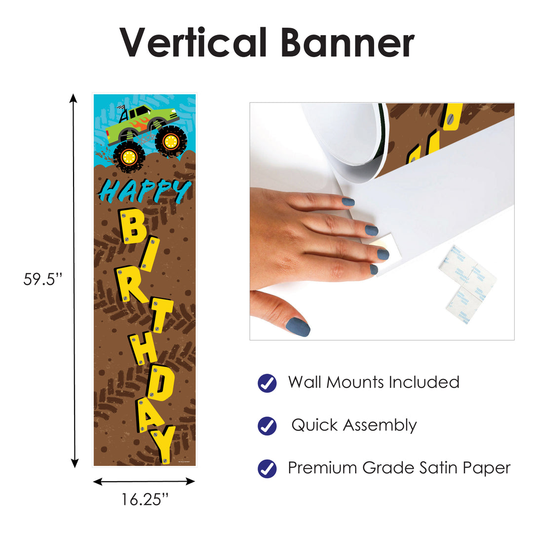 Smash and Crash - Monster Truck - Boy Birthday Party Front Door Decoration - Vertical Banner