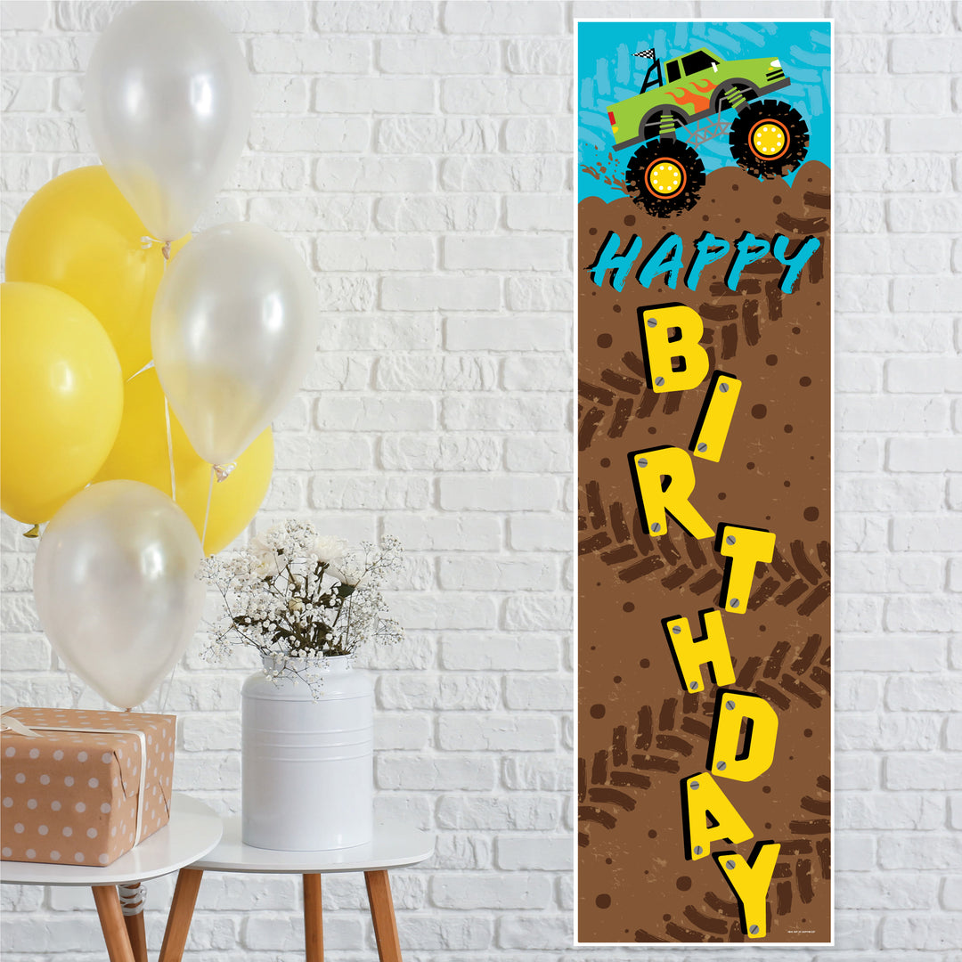 Smash and Crash - Monster Truck - Boy Birthday Party Front Door Decoration - Vertical Banner