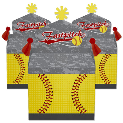 Grand Slam - Fastpitch Softball - Treat Box Party Favors - Birthday Party or Baby Shower Goodie Gable Boxes - Set of 12