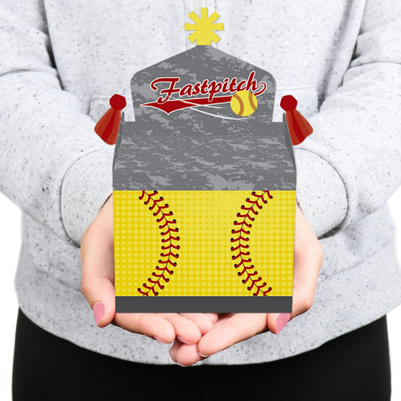 Grand Slam - Fastpitch Softball - Treat Box Party Favors - Birthday Party or Baby Shower Goodie Gable Boxes - Set of 12