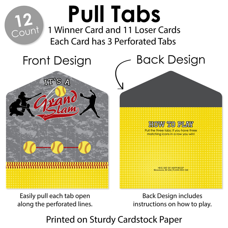 Grand Slam - Fastpitch Softball - Birthday Party or Baby Shower Game Pickle Cards - Pull Tabs 3-in-a-Row - Set of 12