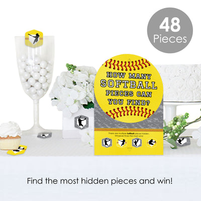Grand Slam - Fastpitch Softball - Birthday Party or Baby Shower Scavenger Hunt - 1 Stand and 48 Game Pieces - Hide and Find Game