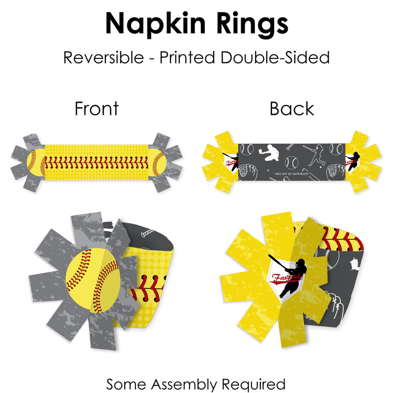 Grand Slam - Fastpitch Softball - Birthday Party or Baby Shower Paper Napkin Holder - Napkin Rings - Set of 24