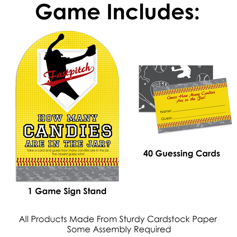 Grand Slam - Fastpitch Softball - How Many Candies Birthday Party or Baby Shower Game - 1 Stand and 40 Cards - Candy Guessing Game